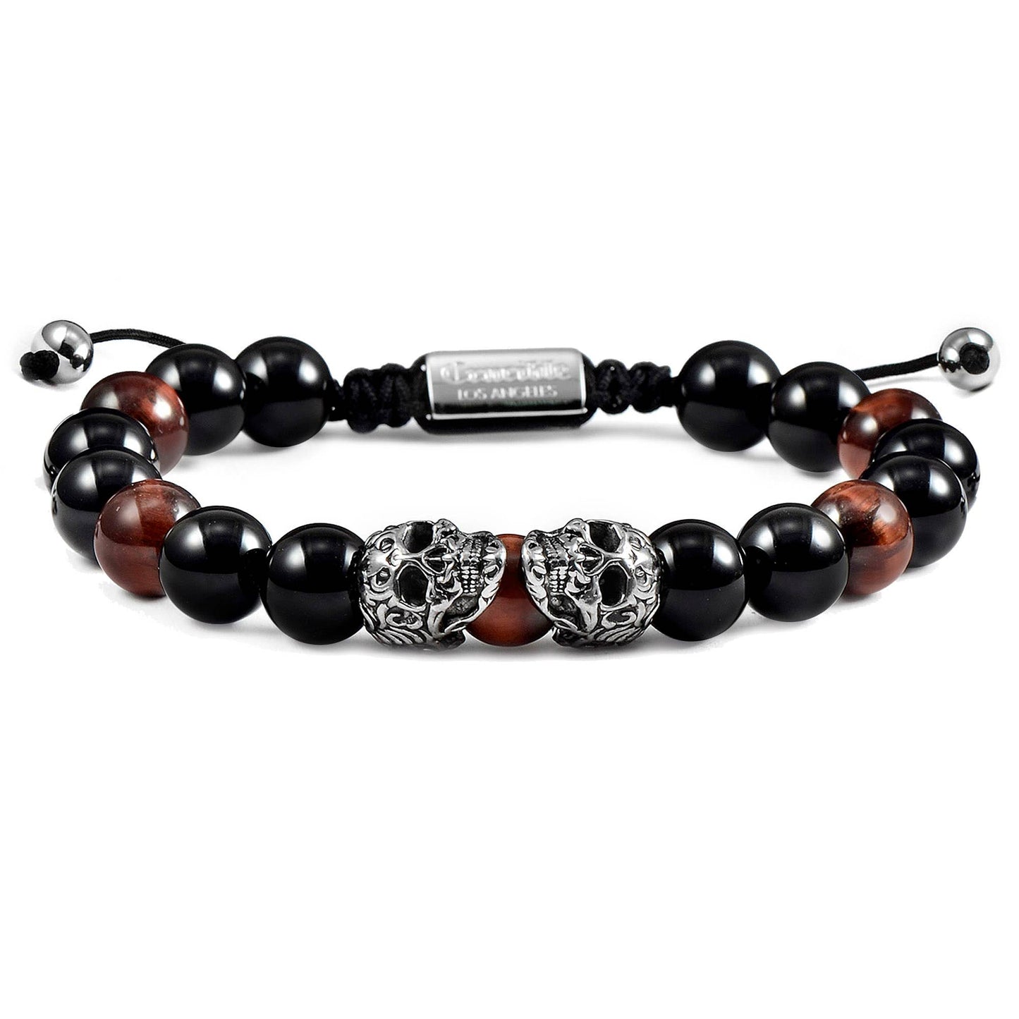 Crucible Skulls Natural Stone and Onyx Adjustable Bracelet: Red Tiger Eye