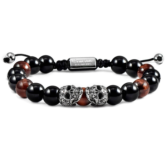 Crucible Skulls Natural Stone and Onyx Adjustable Bracelet: Red Tiger Eye
