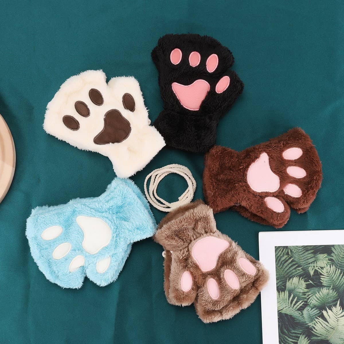 CARTOON CAT PAW BEAR PAW PLUSH HALF FINGER GLOVES_CWAG0175: ROSE / (OS) 2