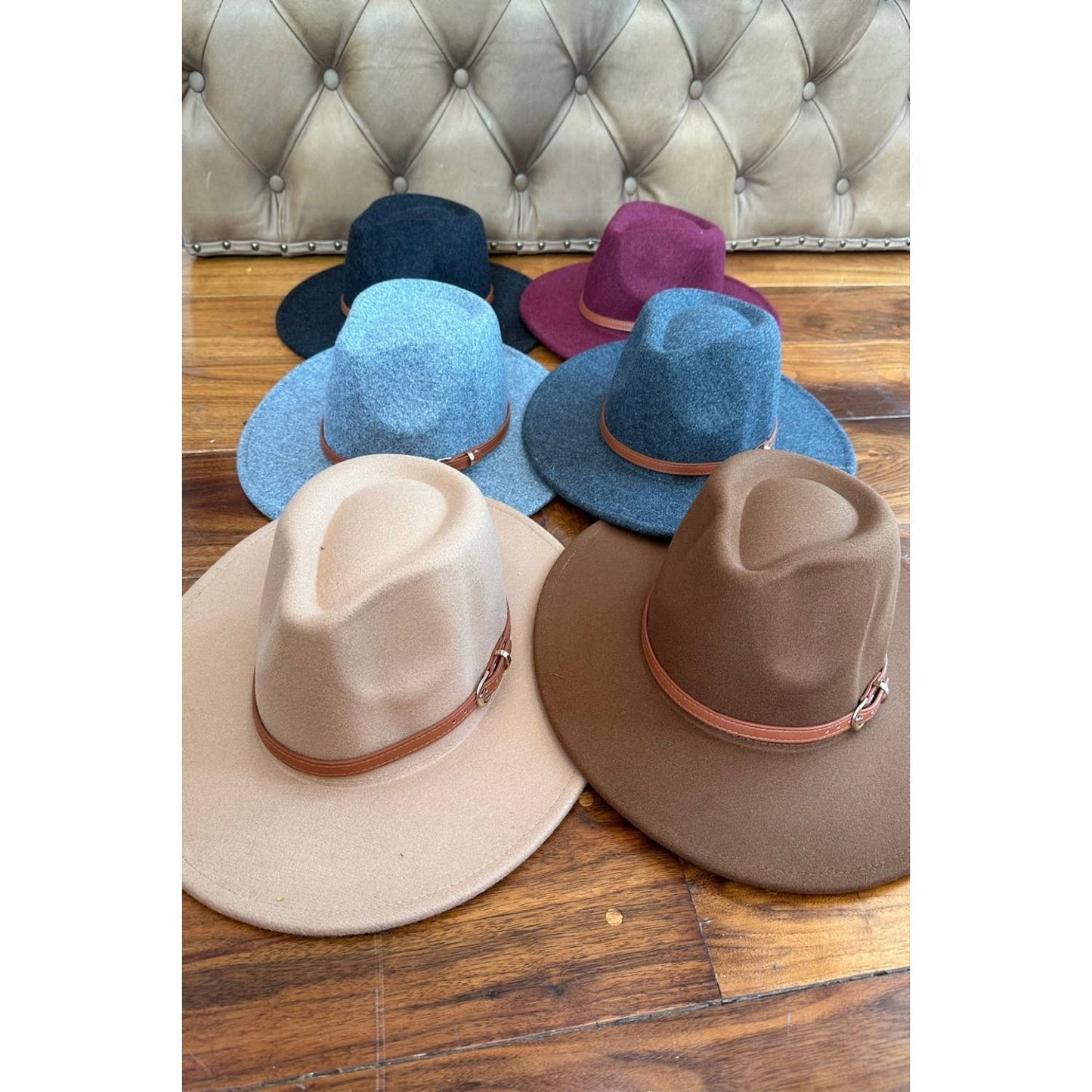 Wide Brim Fedora Hat With leather Belt: CHARCOAL / ONE SIZE