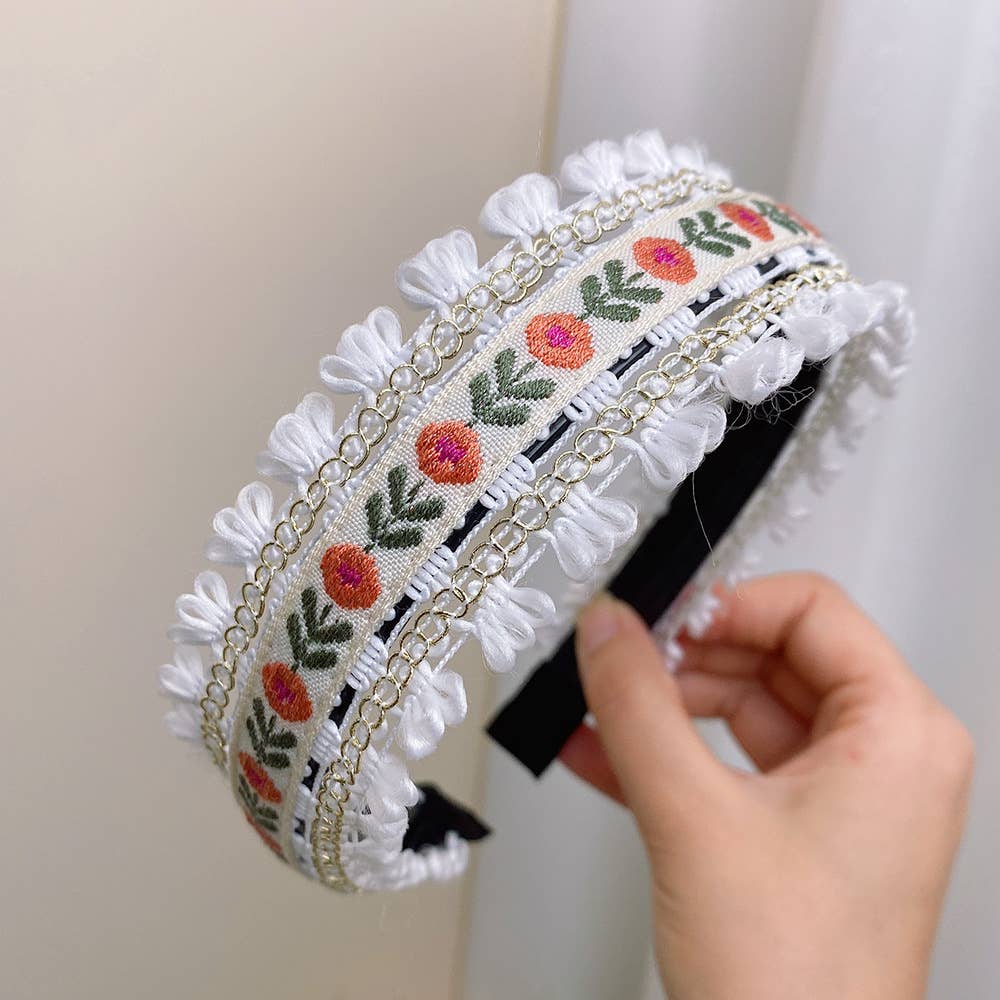 Boho Embroidered Floral Fabric Hair Bands: Black