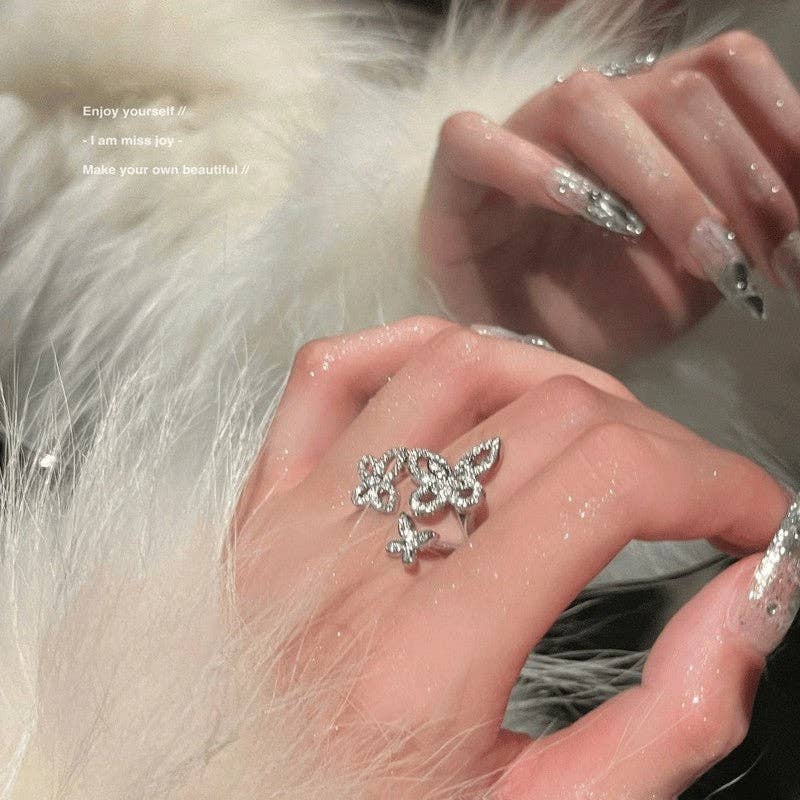 Refined Crystal Butterfly Ring: Silver-Tone / Triple Butterfly Ring / Adjustable