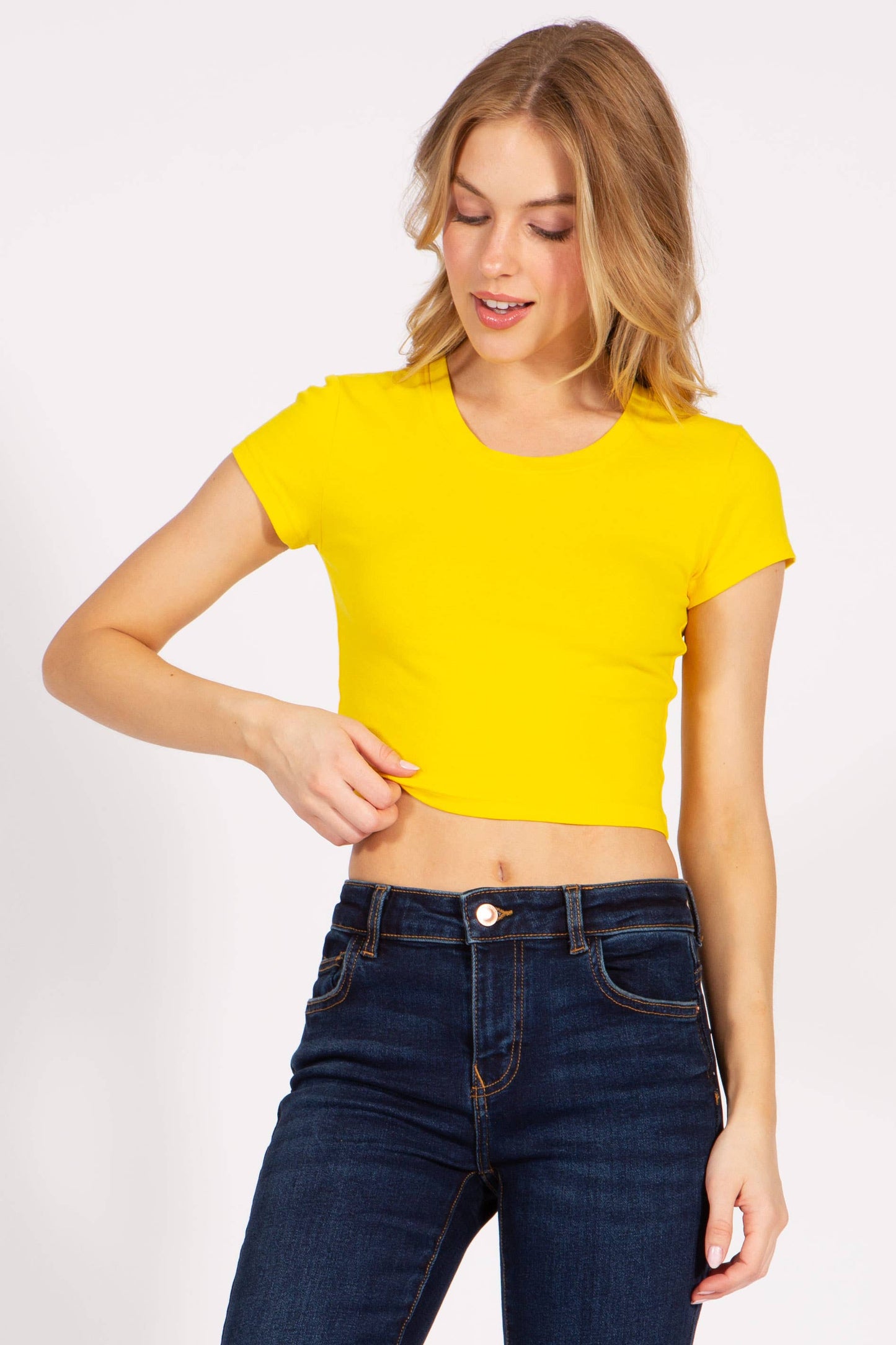 Basic cotton spandex crew neck short sleeve crop t shirt : Green