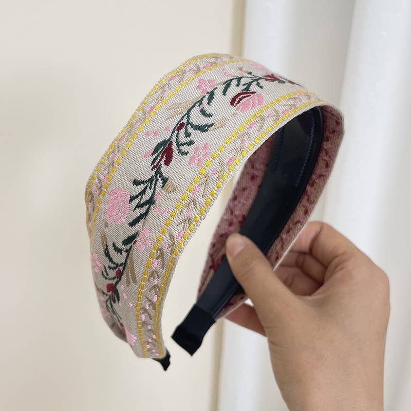 Bohemian Flower Embroidery Retro Non-Slip Hair Bands: Brown