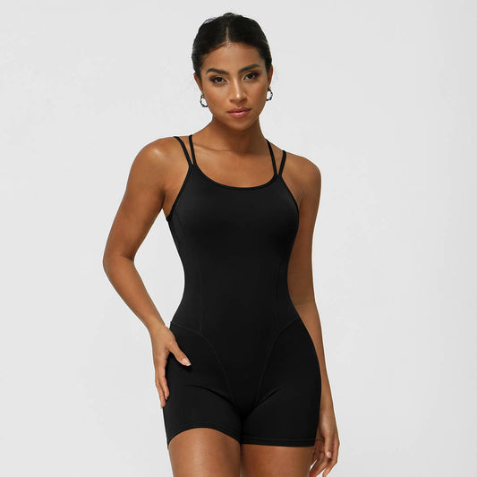 Women Yoga Sleeveless Criss Cross Back Sport Jumpsuit: Black / M