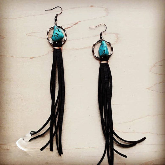 Turquoise Drop Earrings with Leather Tassel-Black 206g: Multi
