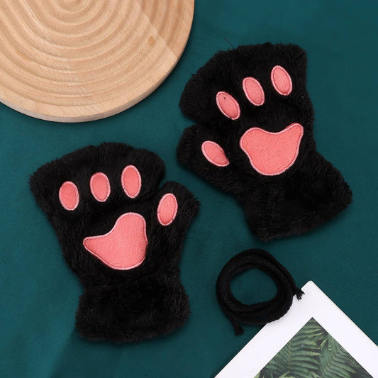 CARTOON CAT PAW BEAR PAW PLUSH HALF FINGER GLOVES_CWAG0175: Black / (OS) 2