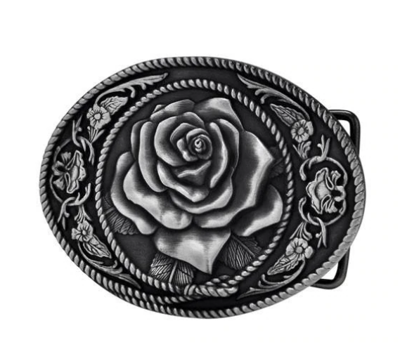Western Cowgirl Rose Belt Buckle 1461: Antique Silver