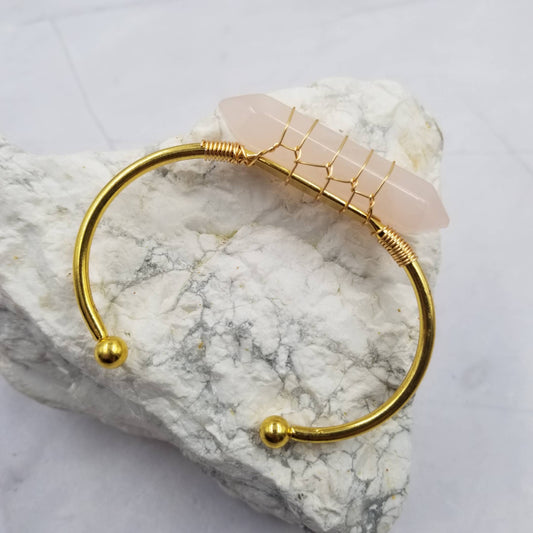 Handmade Wire Crystal Gemstone Bangle Cuff Bracelet: Pink