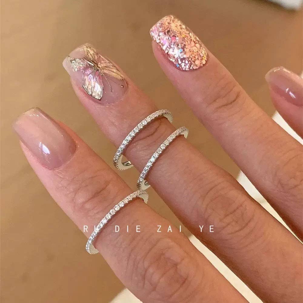 Pavé Crystal Mother-of-Pearl Ring: Silver-Tone / Sugar Cube Ring / Adjustable