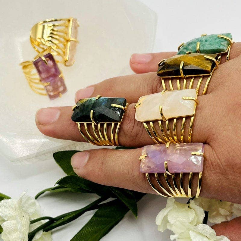 Crystal Rectangle Gemstone Gold-Plated Cigar Ring: C - Amethyst