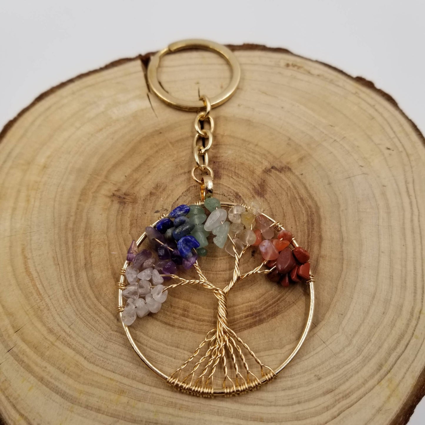 Natural Crushed Stone Crystal Life Tree Keychain: Gold