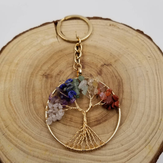 Natural Crushed Stone Crystal Life Tree Keychain: Gold