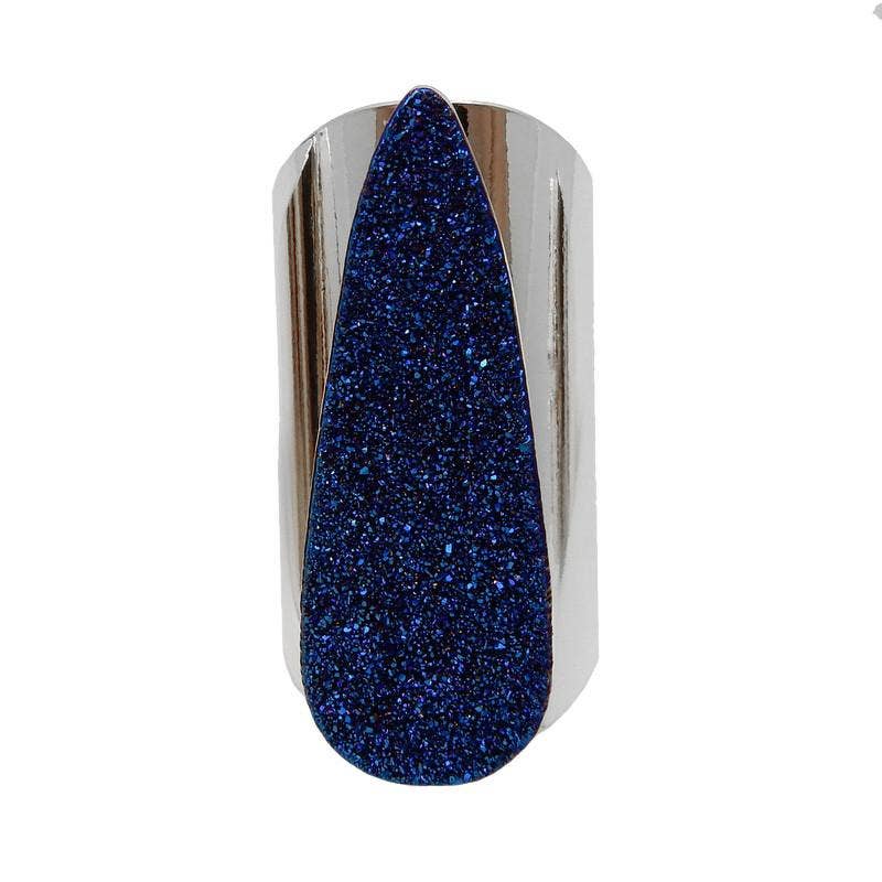 Crystal Teardrop Druzy Ring with Electroplated Band: Mystic Blue / Silver