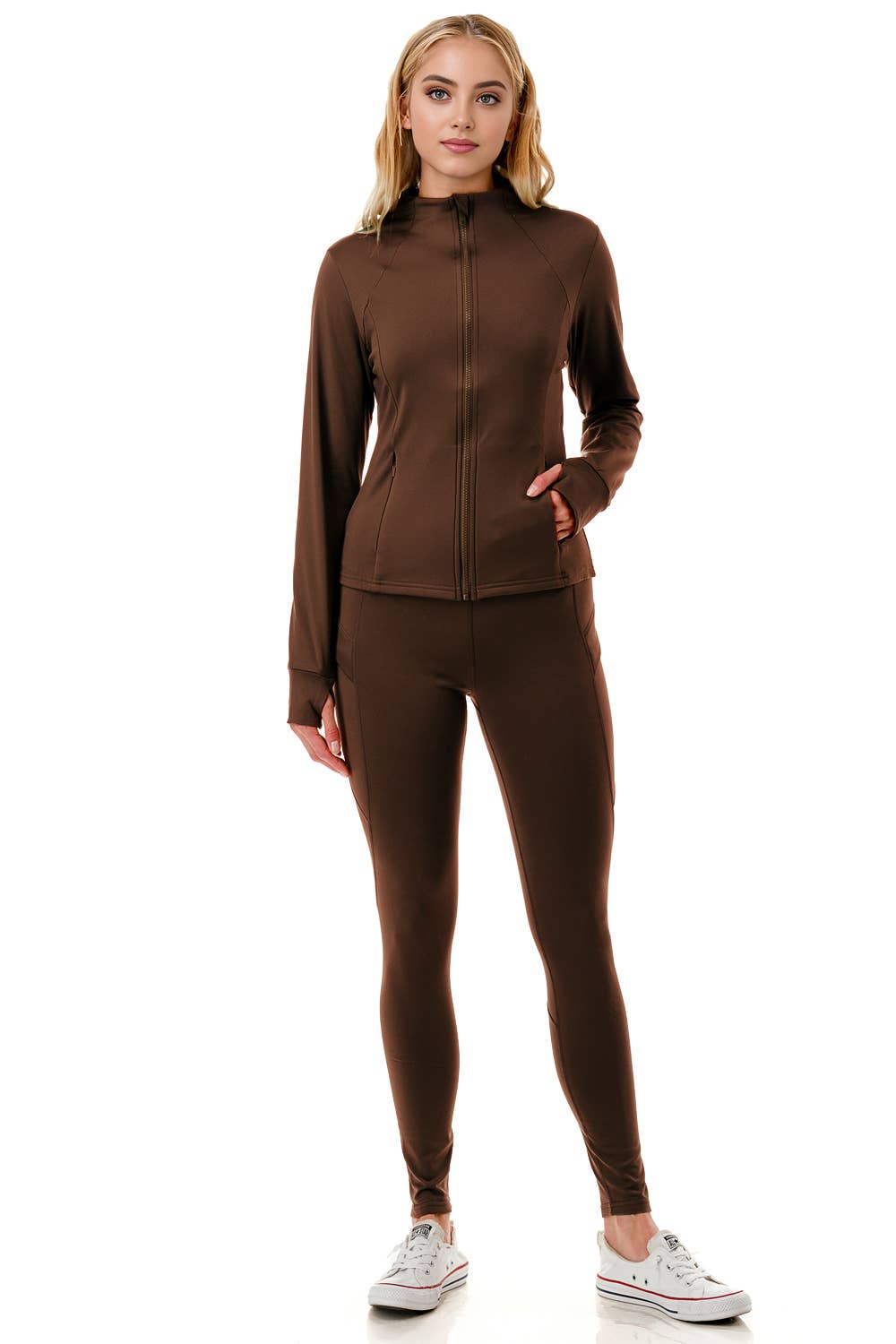 Fleece lined activewear define jacket with legging yoga set: Black