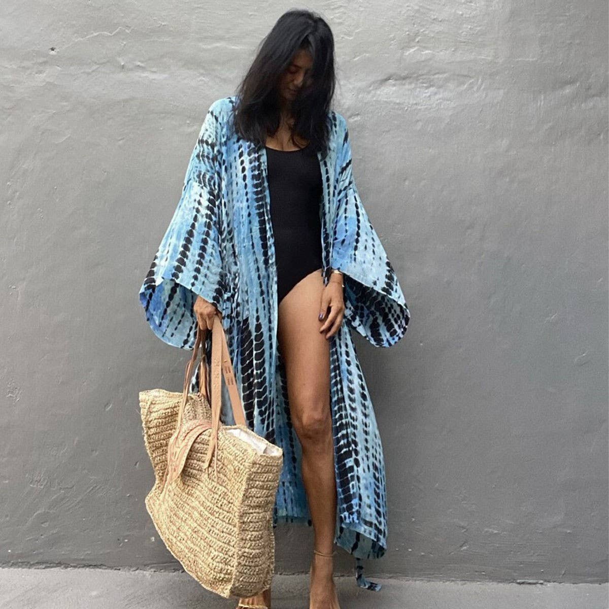 Tie-Dye Beach Cover-Up Cardigan Bikini Sunscreen_CWMM6299: GRAY / (OS) 1