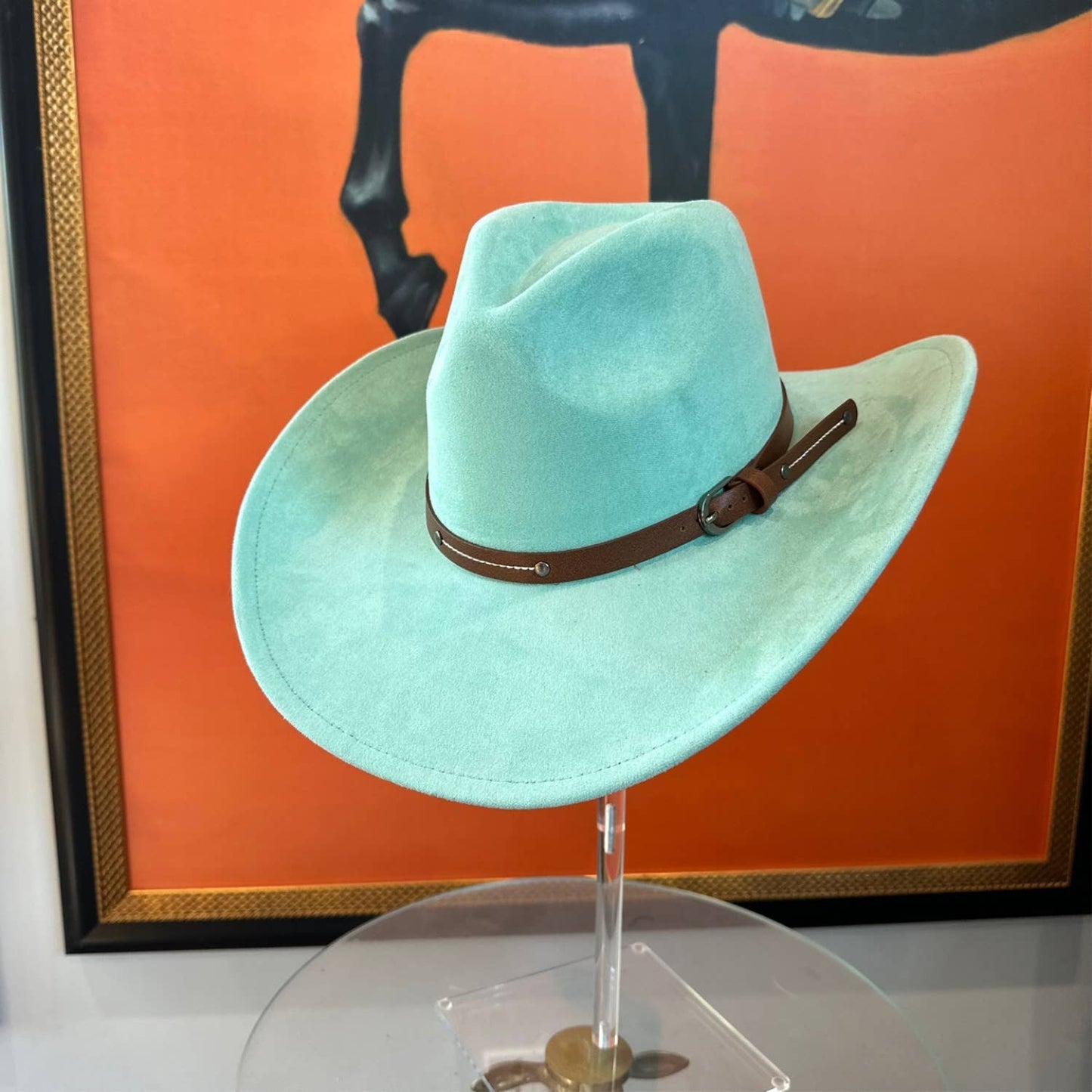 Vegan Suede Cowboy hat stiff Brim W/ Leather  Belt: OLIVE / ONE SIZE