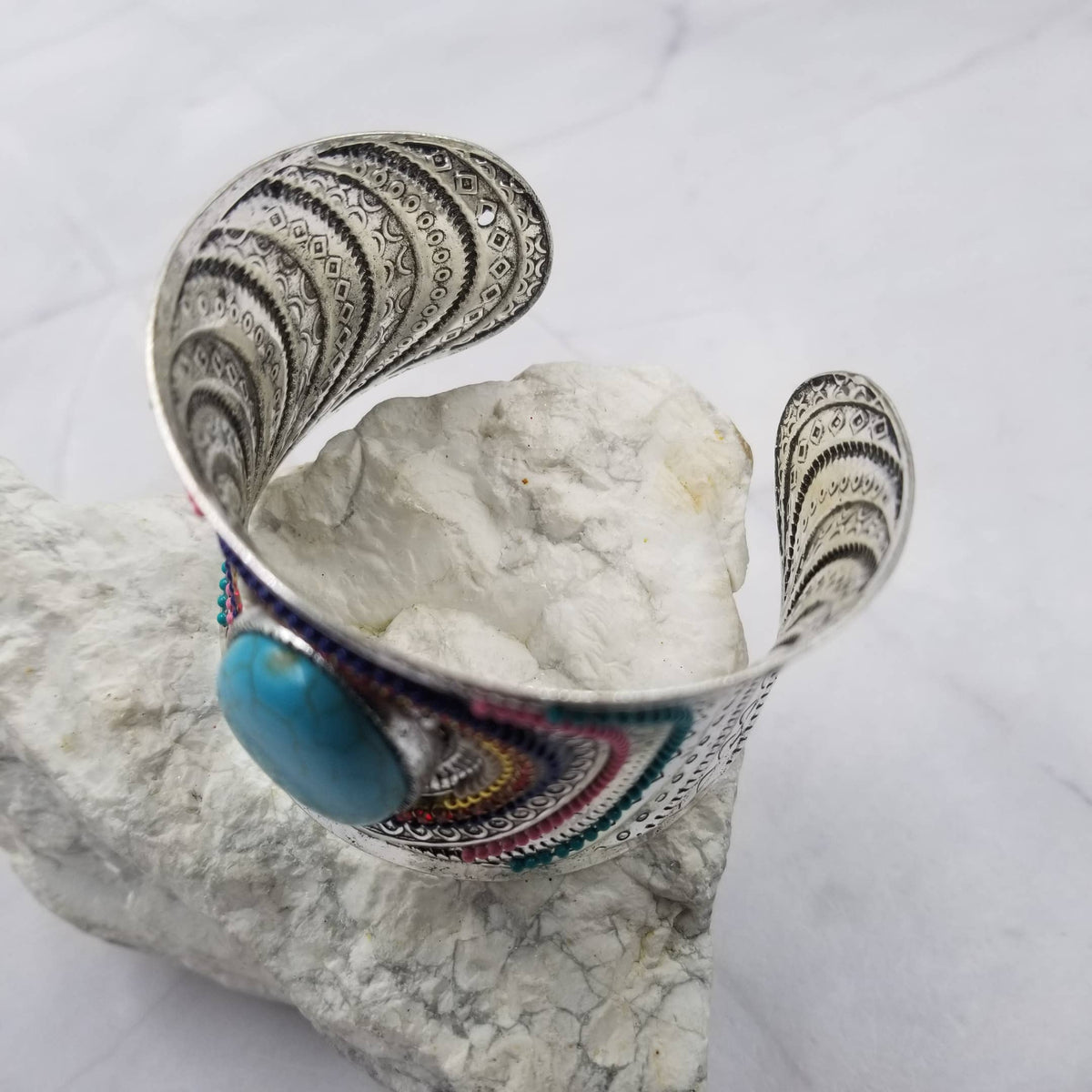 Turquoise Gemstone Silver Wavy Bangle Cuff Bracelet