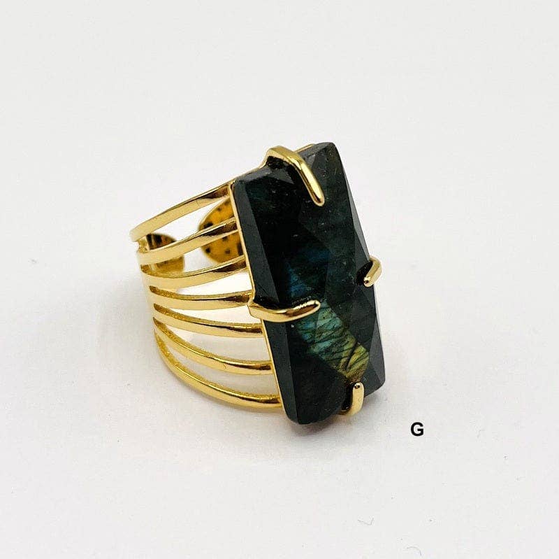 Crystal Rectangle Gemstone Gold-Plated Cigar Ring: C - Amethyst