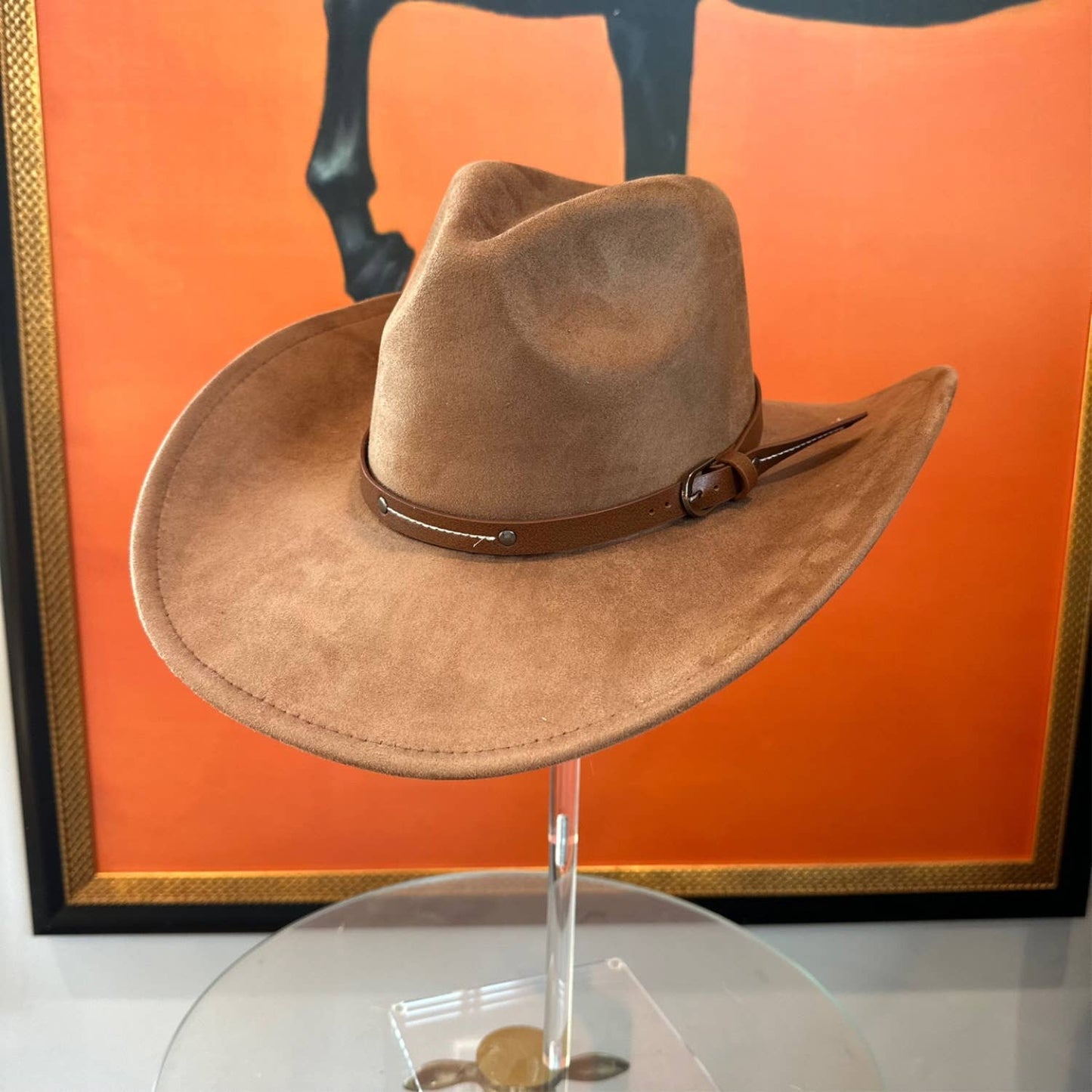 Vegan Suede Cowboy hat stiff Brim W/ Leather  Belt: OLIVE / ONE SIZE