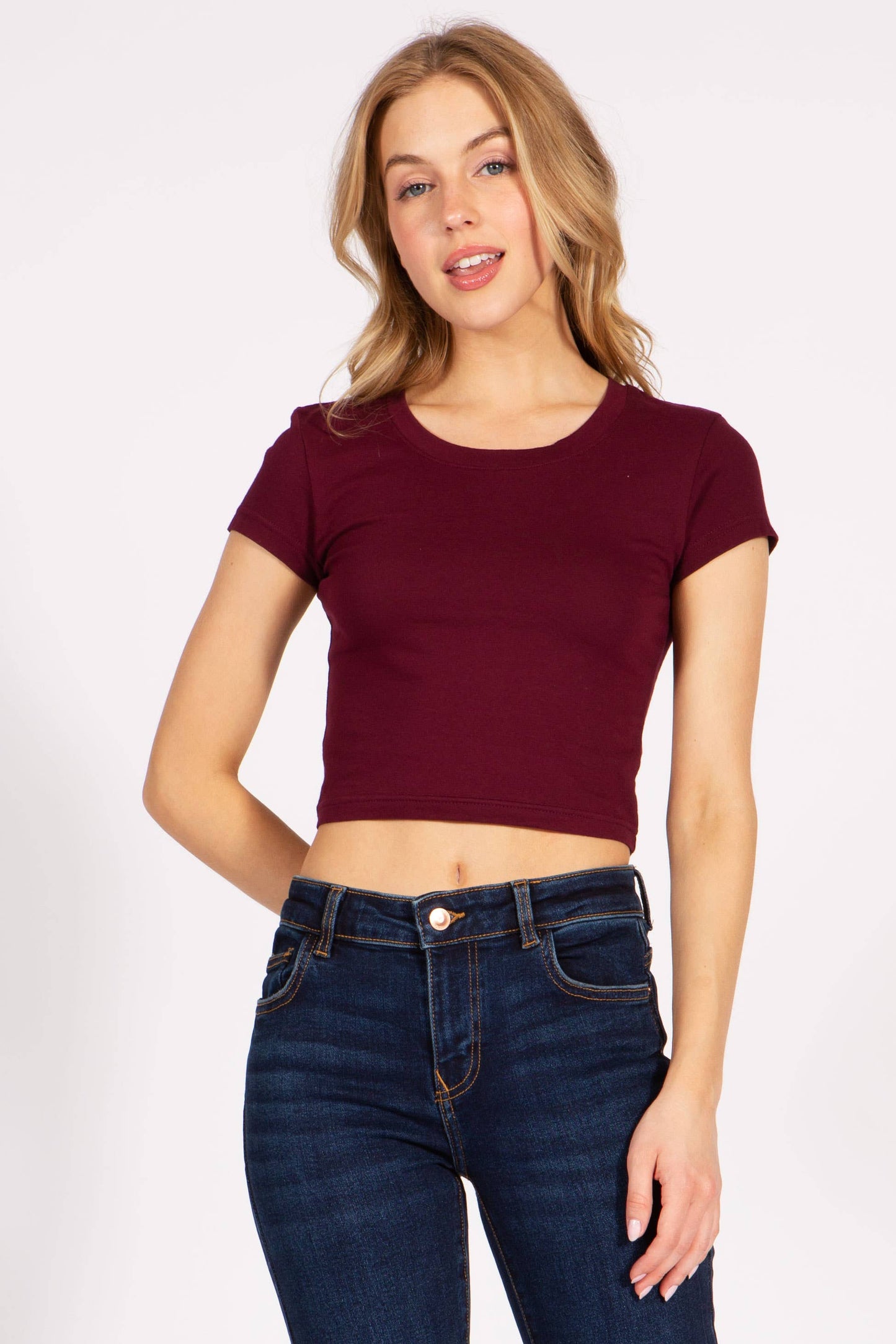 Basic cotton spandex crew neck short sleeve crop t shirt : Black