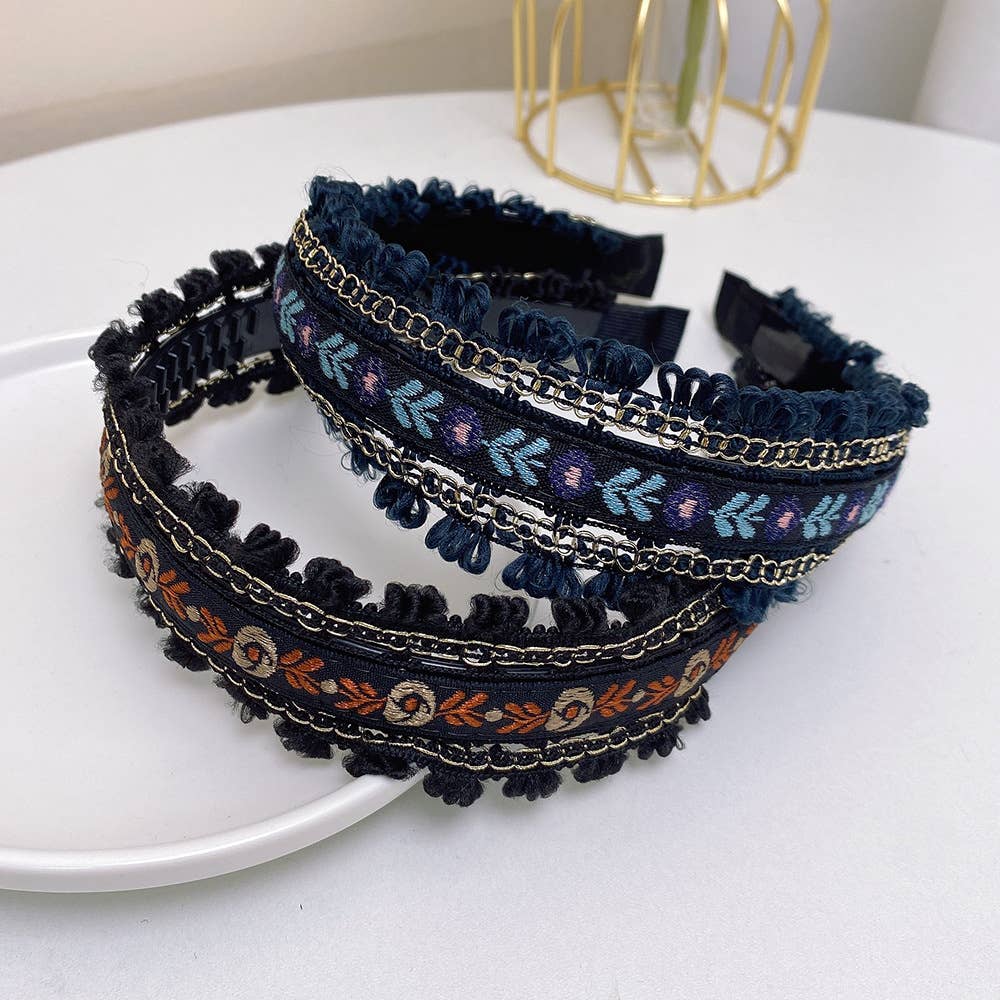 Boho Embroidered Floral Fabric Hair Bands: Black