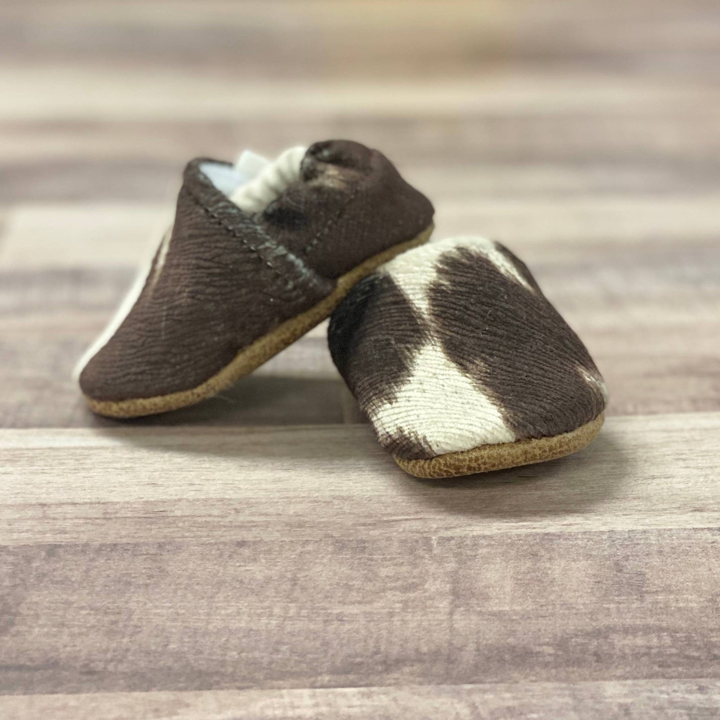 Faux Cow Hide Moccasins: 12-18 Months