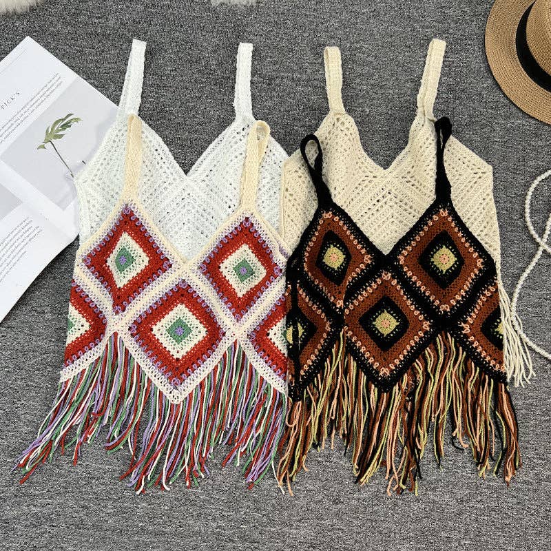 Checkered Bohemian Tassel Camisole: BLACK