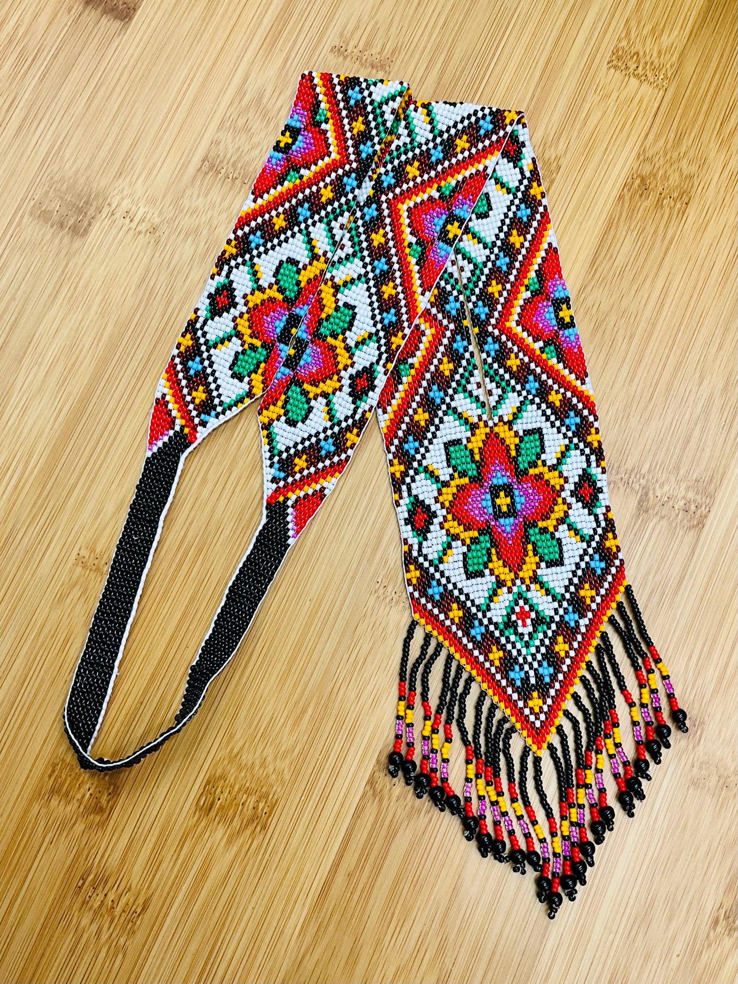 Native Tribal Style Long Statement Beaded Necklace for Women Y Shape: Gray Red Flower