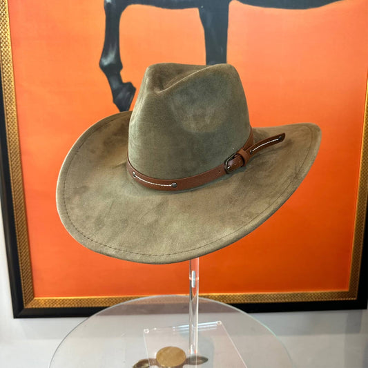 Vegan Suede Cowboy hat stiff Brim W/ Leather  Belt: OLIVE / ONE SIZE