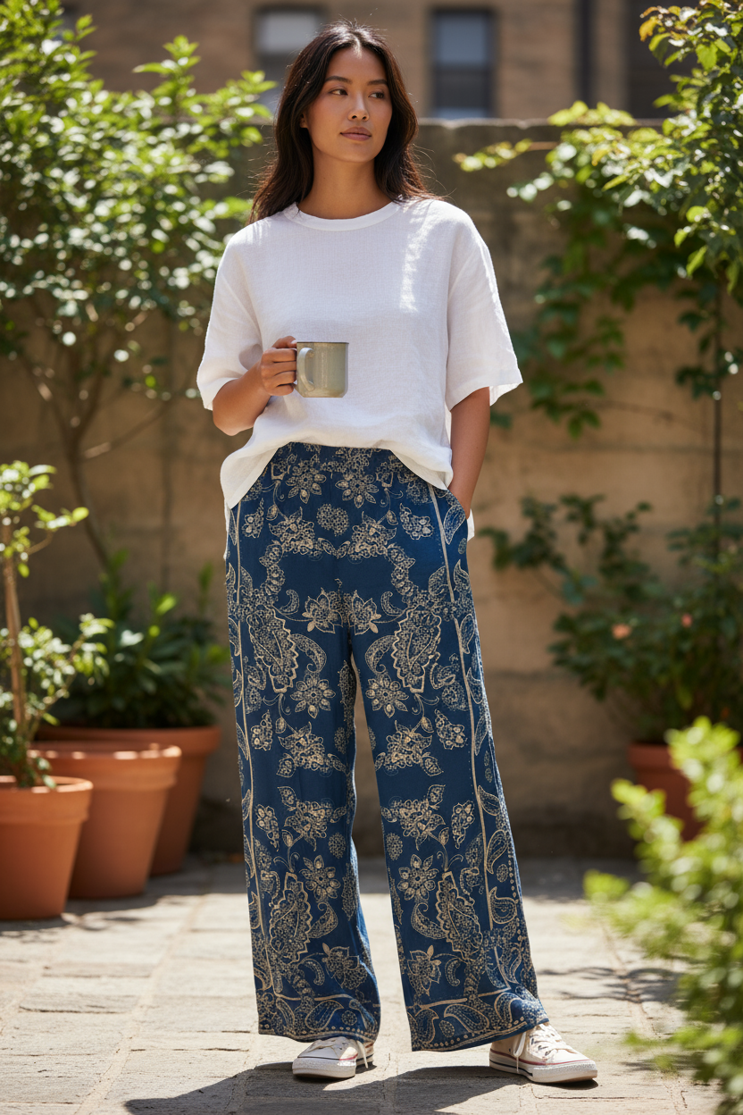 Silky blue pattern pants