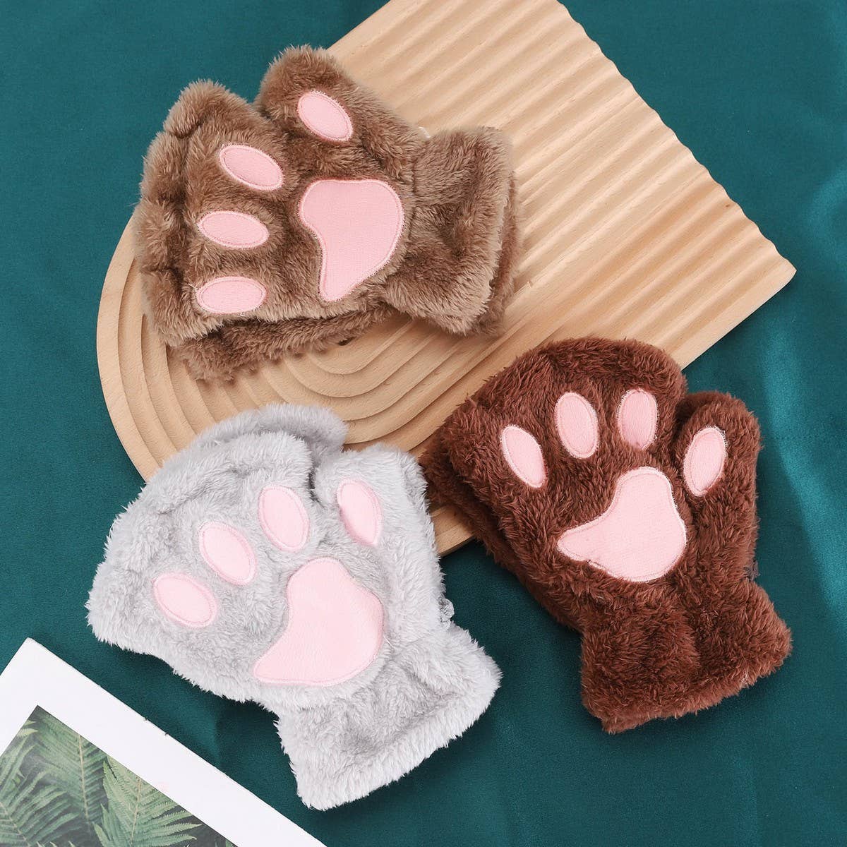 CARTOON CAT PAW BEAR PAW PLUSH HALF FINGER GLOVES_CWAG0175: ROSE / (OS) 2