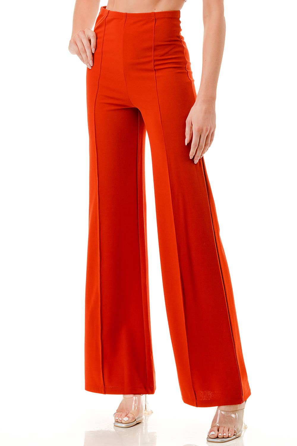 Solid color wide leg high waist dressy pants with trim line: Rust