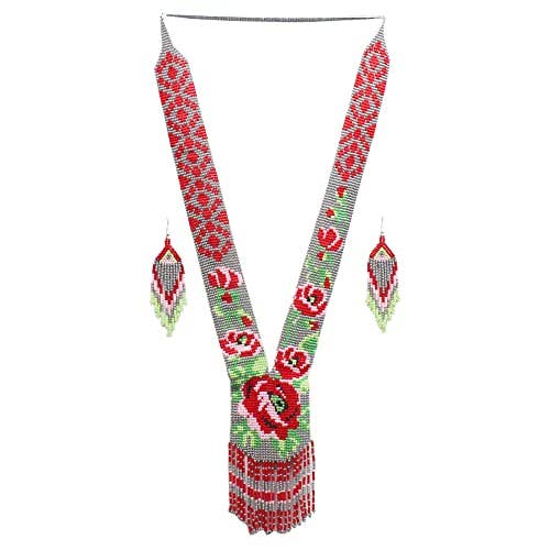 Native Tribal Style Long Statement Beaded Necklace for Women Y Shape: Gray Red Flower