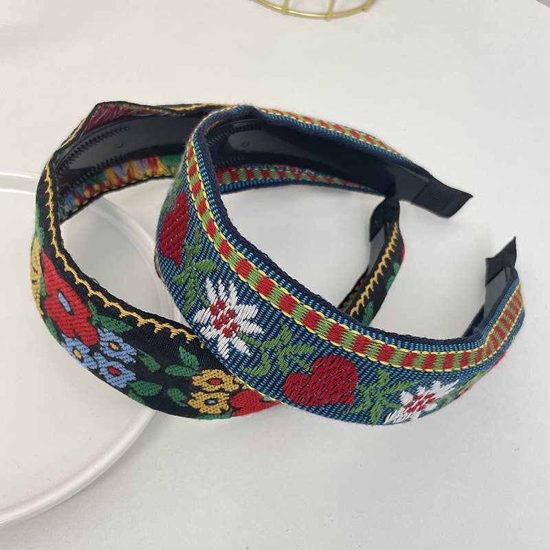 Bohemian Flower Embroidery Retro Non-Slip Hair Bands: Green