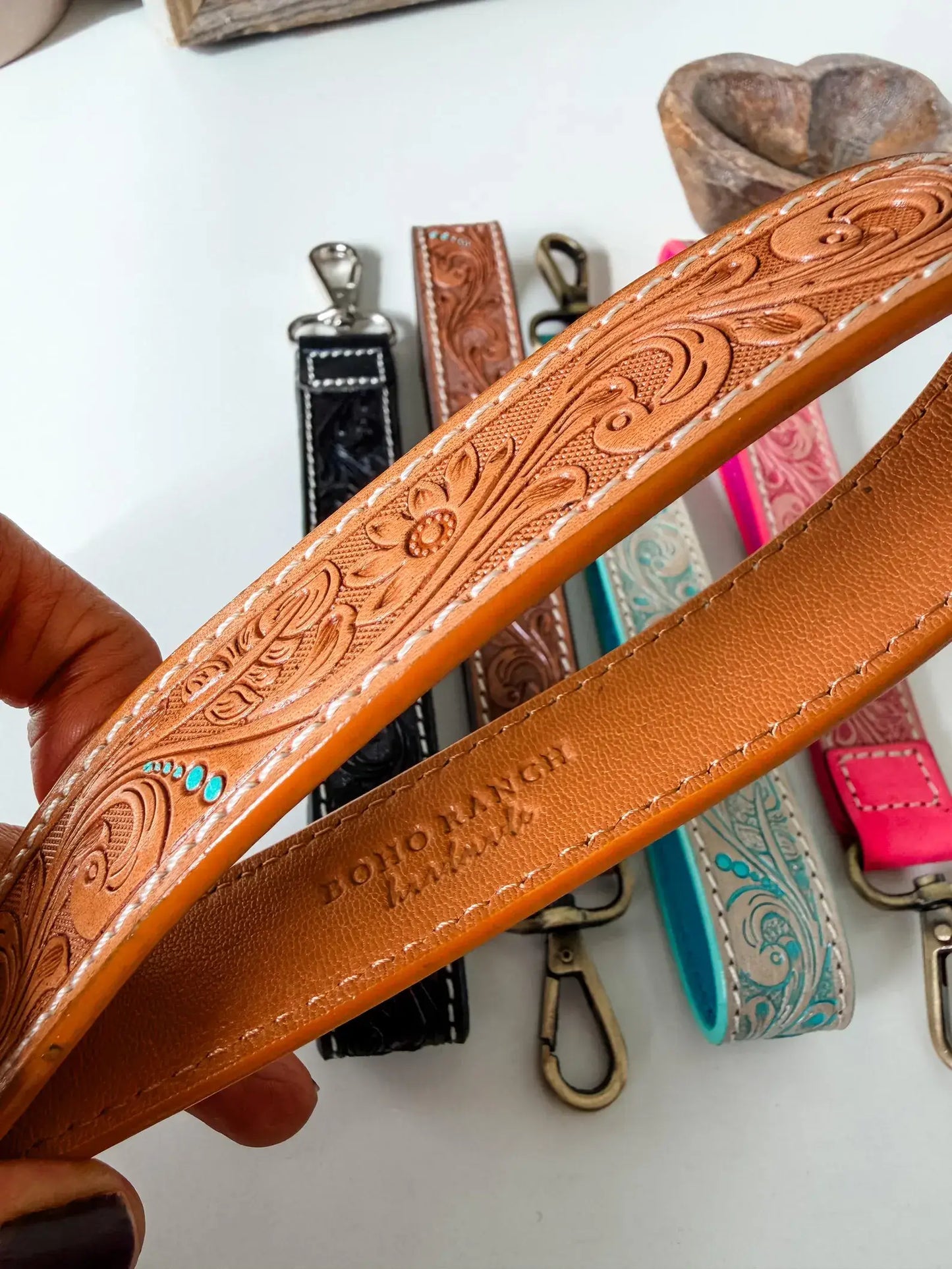 Hand Tooled Leather Keychain - Key Fob: SKINNY - TAN