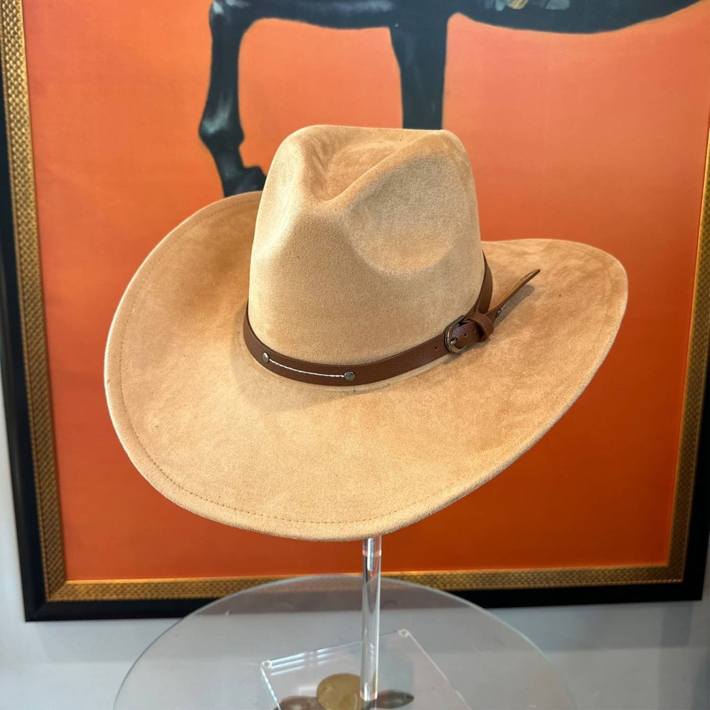Vegan Suede Cowboy hat stiff Brim W/ Leather  Belt: OLIVE / ONE SIZE