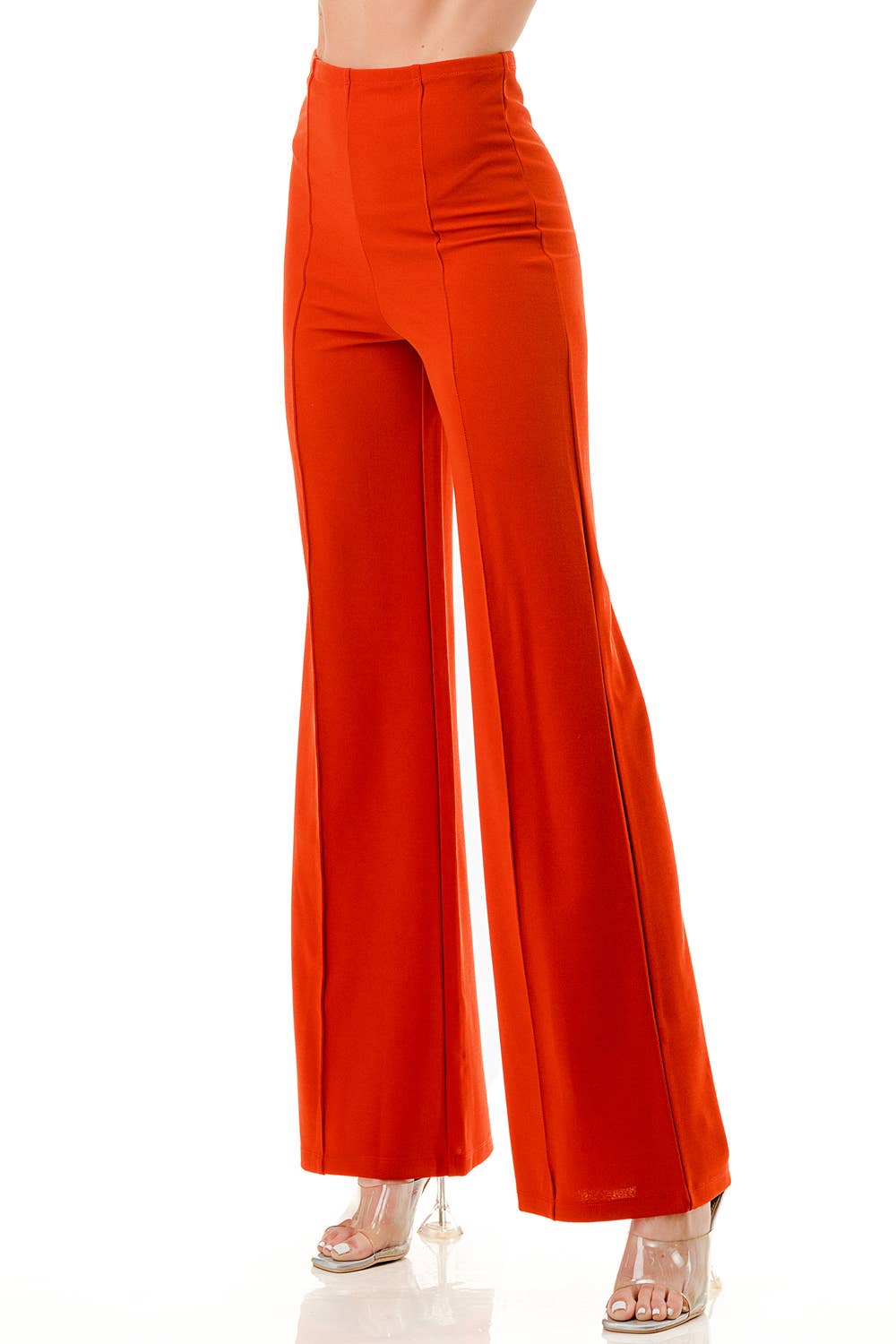 Solid color wide leg high waist dressy pants with trim line: Rust