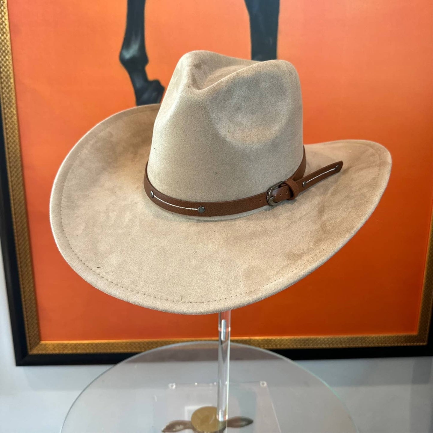 Vegan Suede Cowboy hat stiff Brim W/ Leather  Belt: OLIVE / ONE SIZE