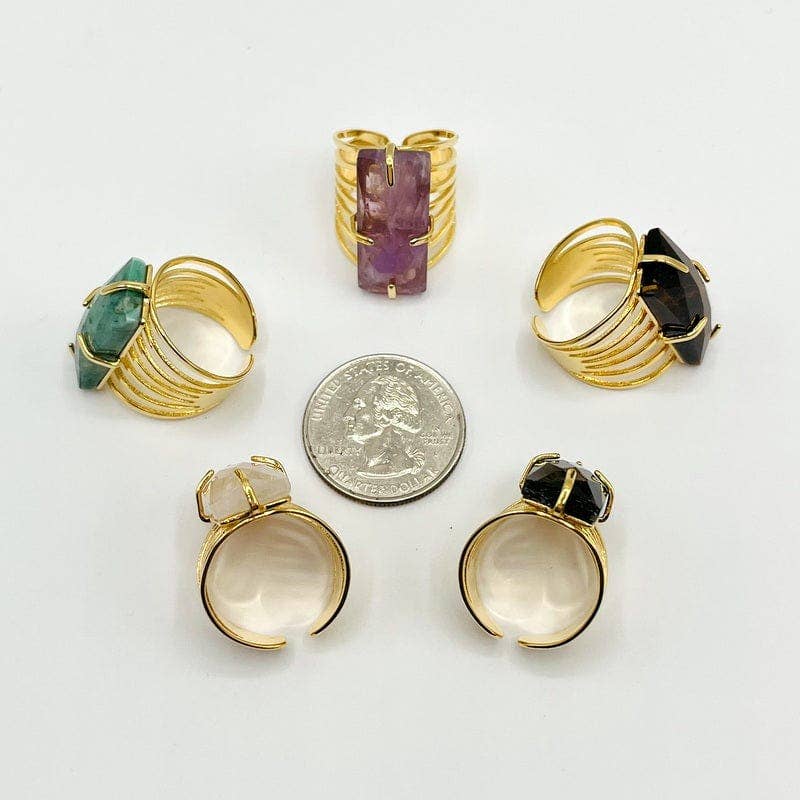 Crystal Rectangle Gemstone Gold-Plated Cigar Ring: C - Amethyst