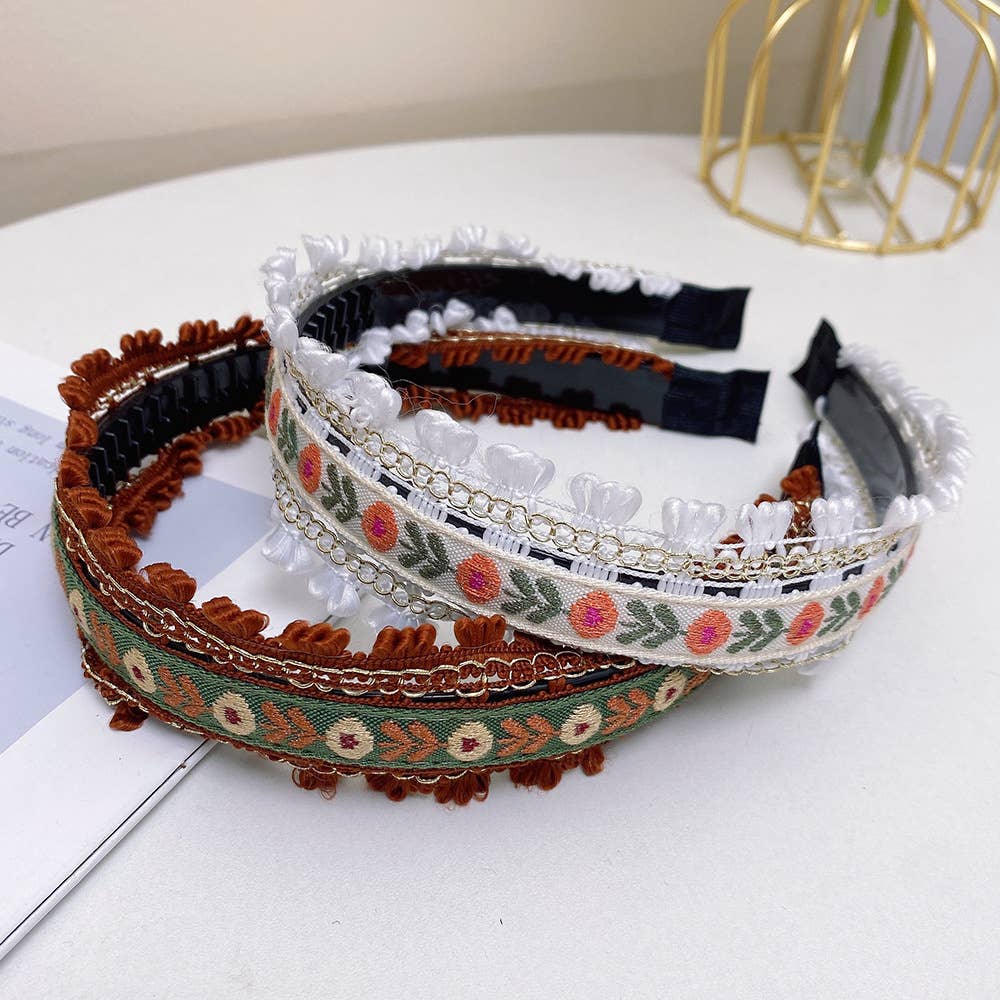 Boho Embroidered Floral Fabric Hair Bands: Black