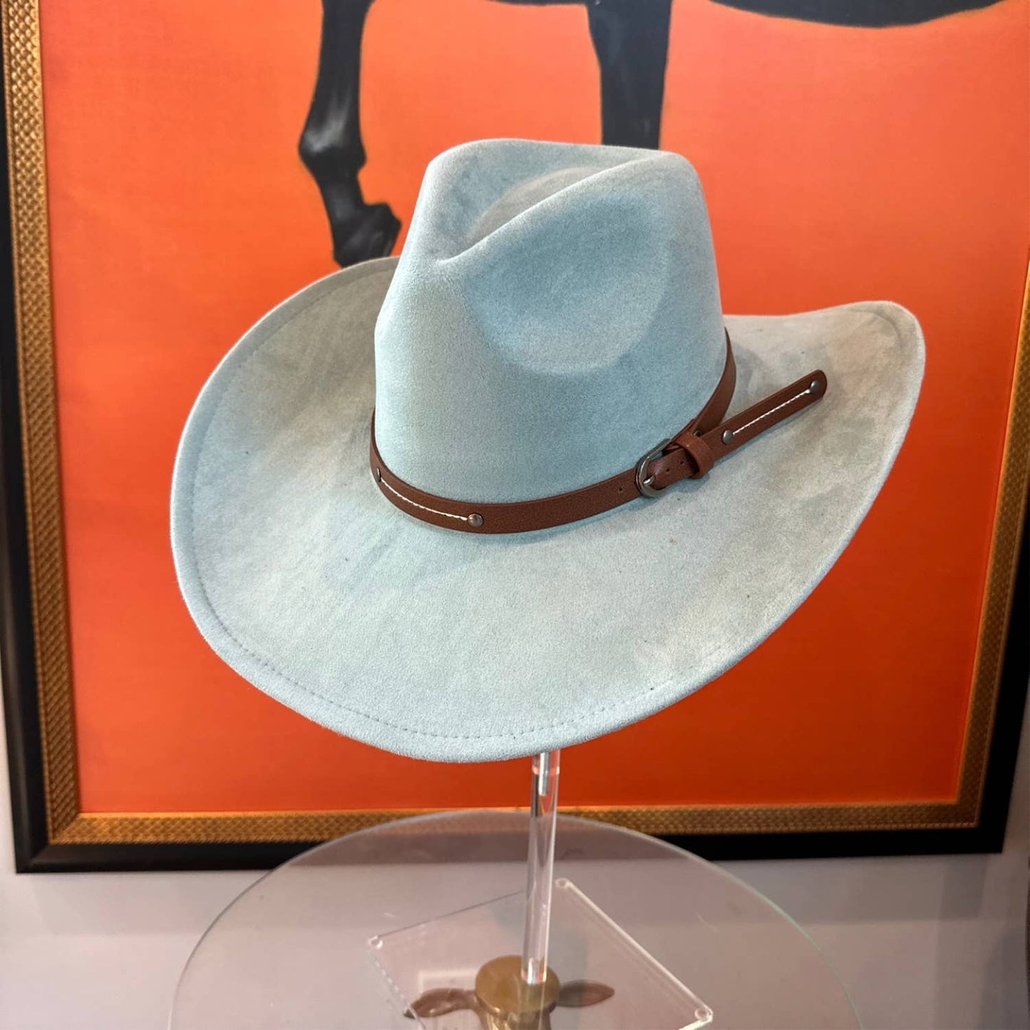 Vegan Suede Cowboy hat stiff Brim W/ Leather  Belt: OLIVE / ONE SIZE