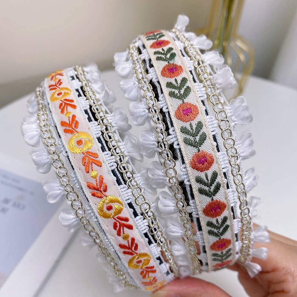 Boho Embroidered Floral Fabric Hair Bands: Brown-A