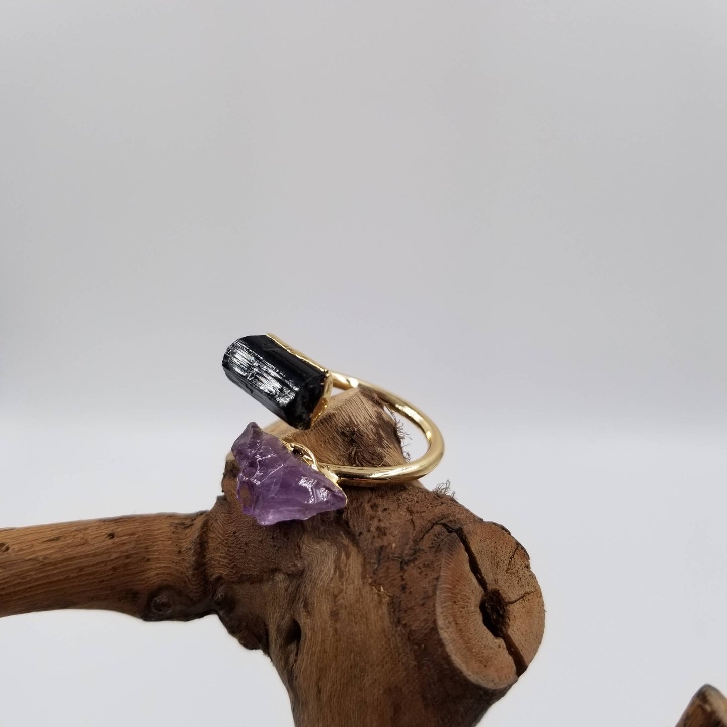 Natural Black Tourmaline Amethyst Adjustable Ring: Black