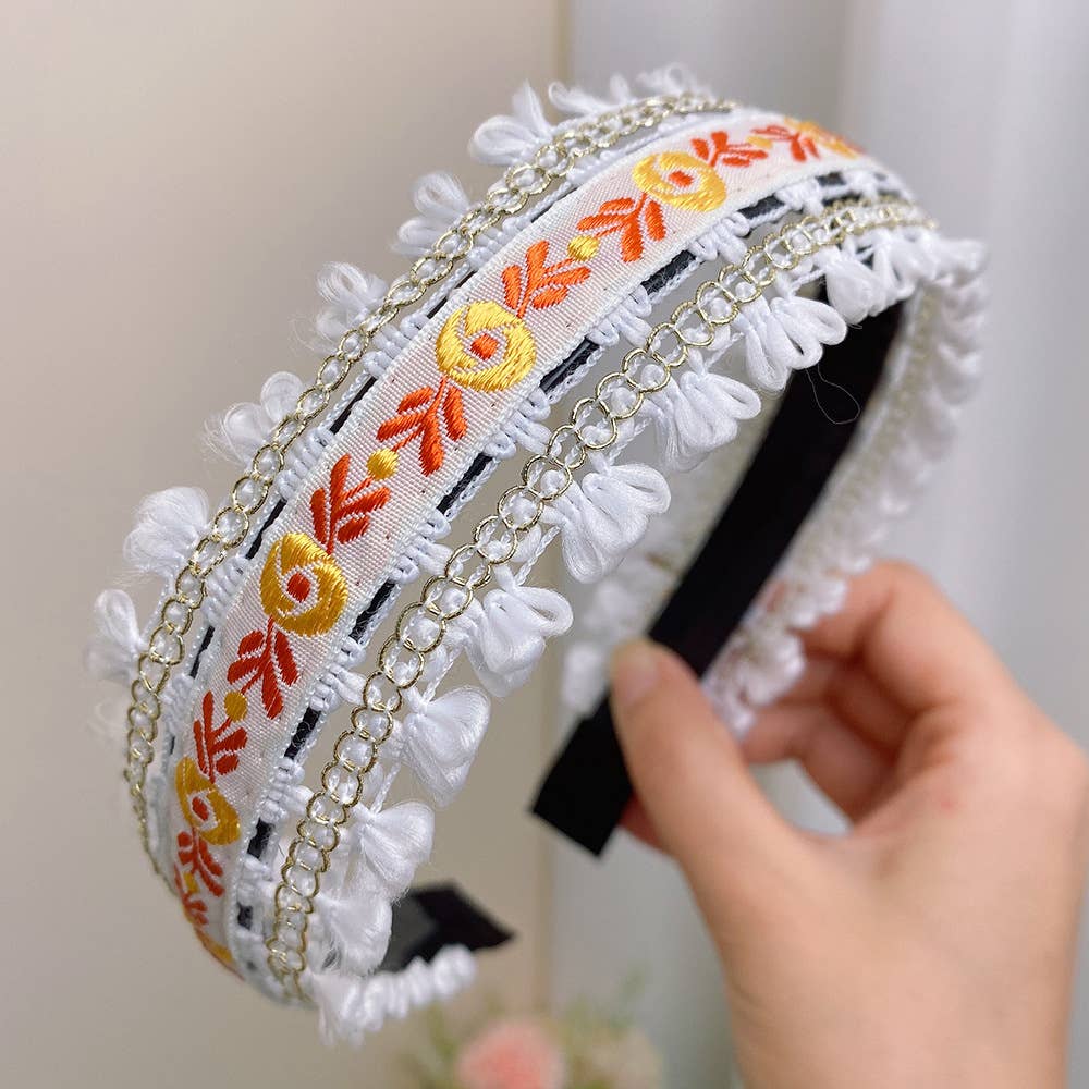 Boho Embroidered Floral Fabric Hair Bands: Black