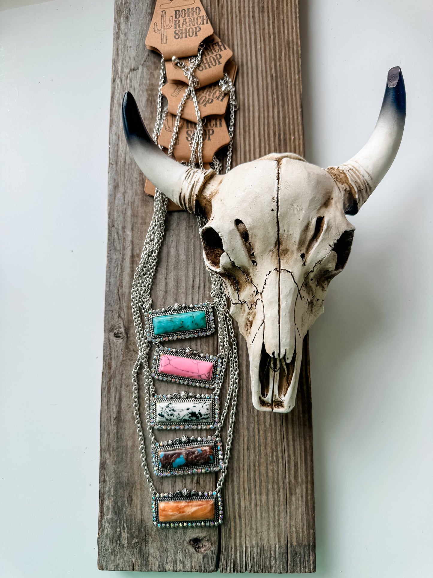 Western Semi Stone Bar Necklace - with Rhinestone edge: TURQUOISE/ BROWN
