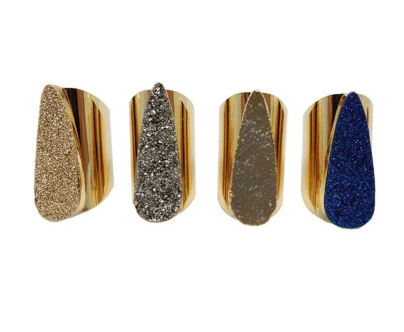 Crystal Teardrop Druzy Ring with Electroplated Band: Mystic Blue / Silver