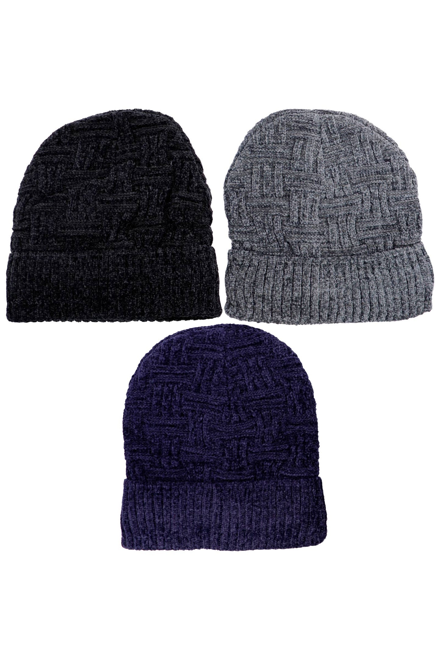 Velvety Chenille Basket Knitted Fleece Lined Beanie