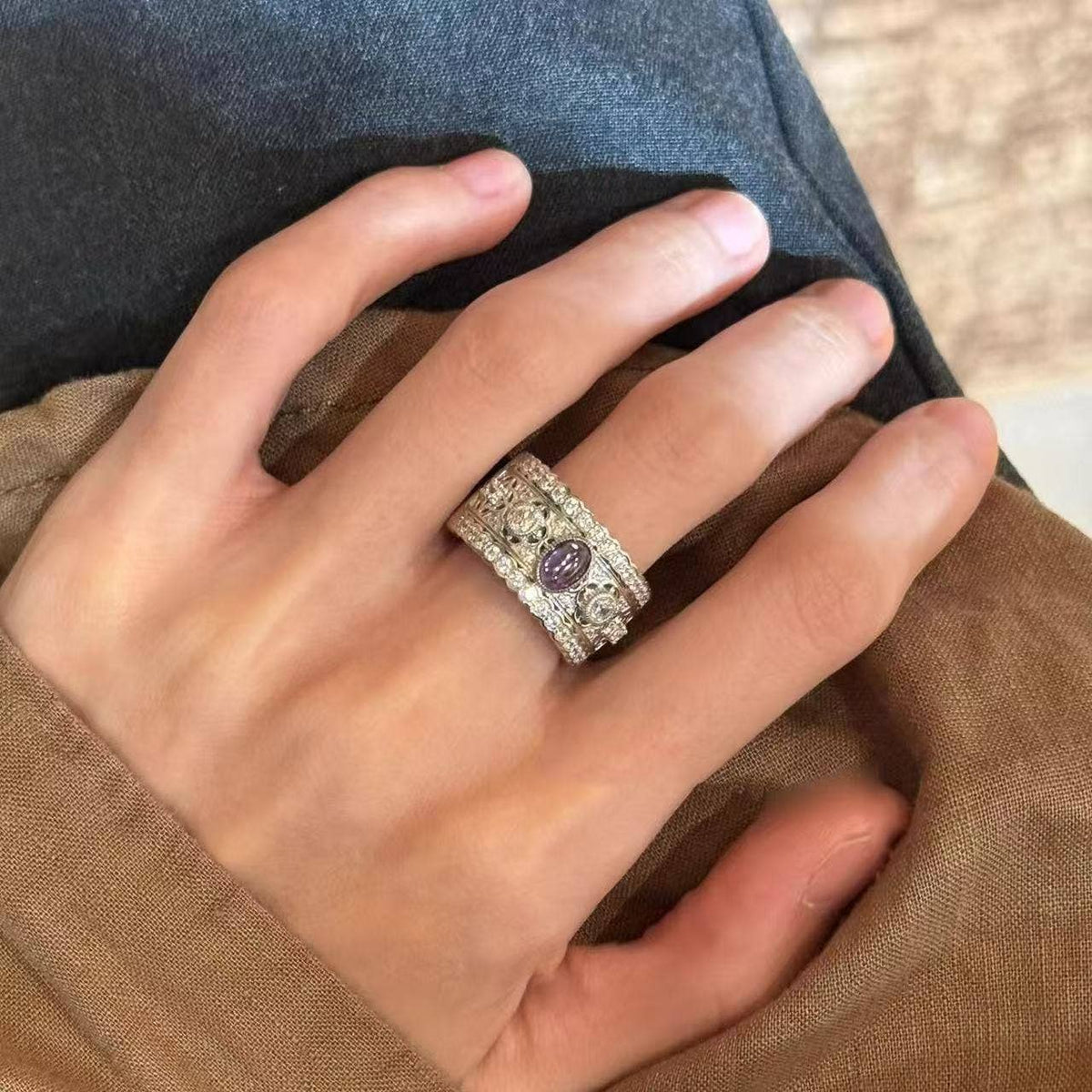 Refined Statement Ring: Silver-Tone / Purple Gemstone Texture Ring / Adjustable