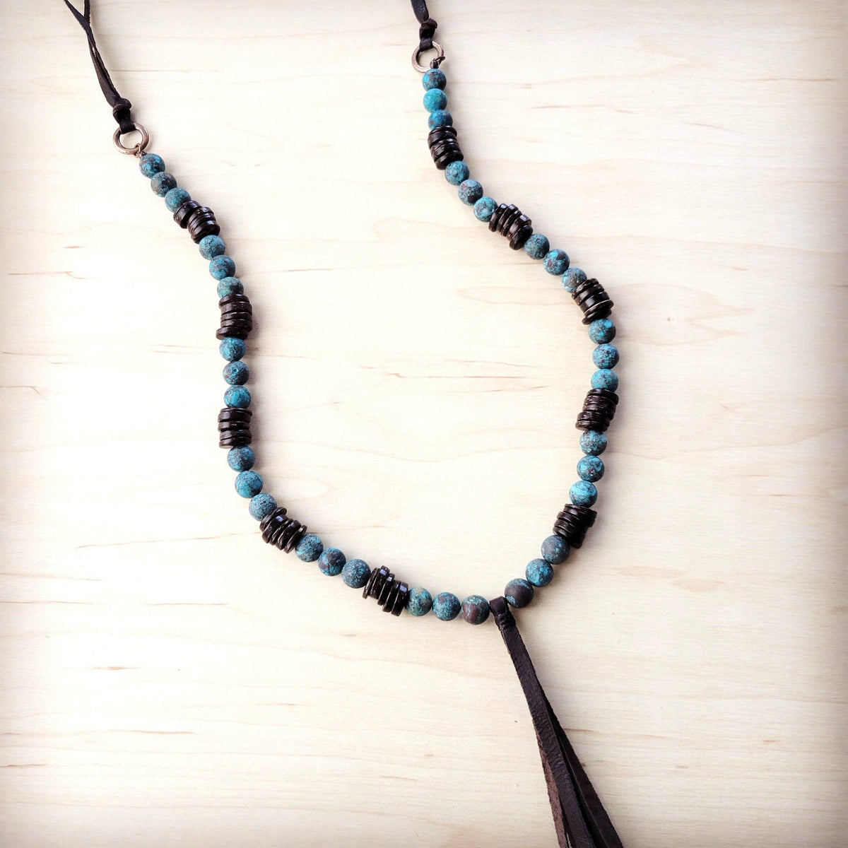 **Natural American Turq Necklace w/ Wood Beads & Tassel